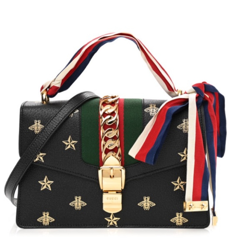 GUCCI Textured Calfskin Bee Star Print Small Sylvie Shoulder Bag Black
